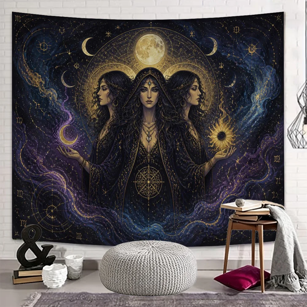 Witchy Triple Moon Goddess Tapestry, Starry Galaxy Constellation, Celestial Mystical Wall Hanging for Bedroom Dorm Decorations