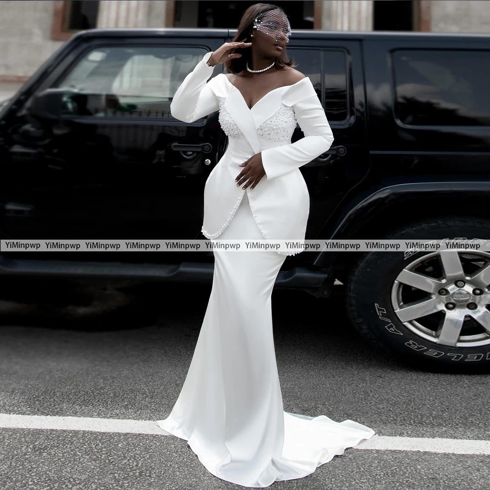 Perlen Brautkleider Volle Ärmel Satin Braut Kleider Für Afrikanische Frauen Sexy V-ausschnitt Perlen Hochzeit Party Kleid 2025, Angepasst