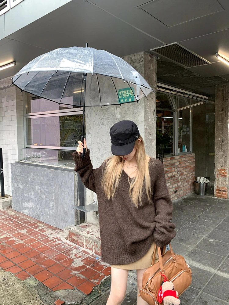 

Lin Chu винтажный длинный вязаный свитер с v-образным вырезом и v-образным вырезом, женский осенне-зимний свободный трикотаж средней длины для ленивых