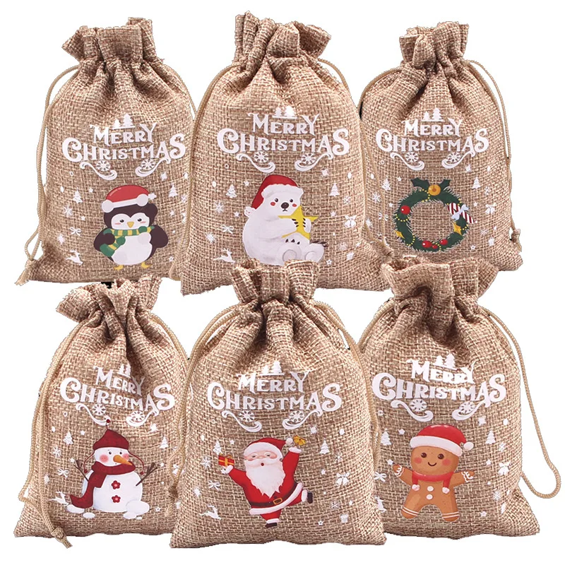 Weihnachts-Leinenbeutel, Cartoon-Weihnachtsmann-Süßigkeitsgeschenke, Kordelzugbeutel für Weihnachtsfeier, Verpackung, Aufbewahrungsbeutel
