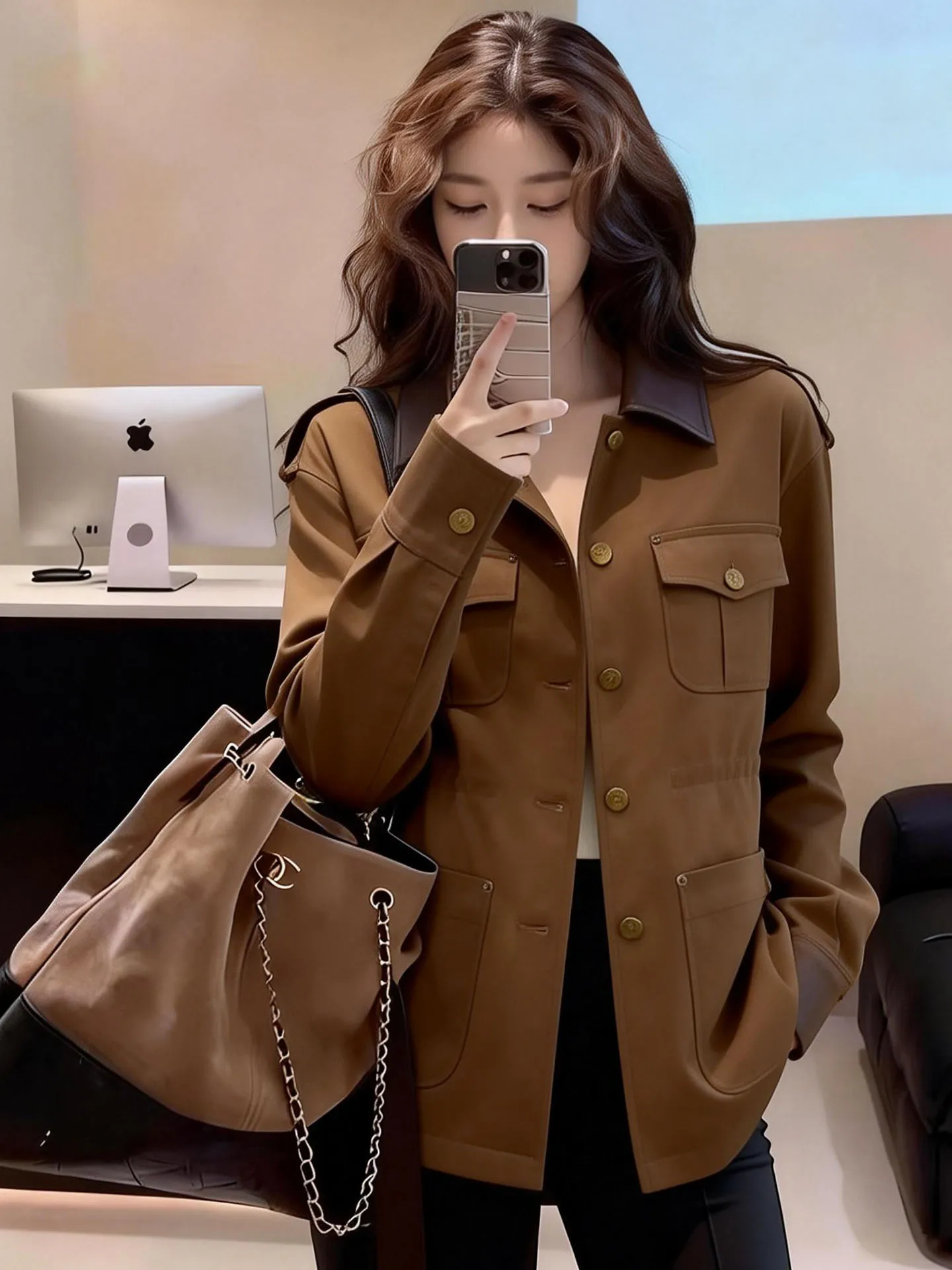 

Винтажное американское свободное пальто кофейного цвета для женщин, весна 2026, модное повседневное пальто, классический воротник, топ-слим