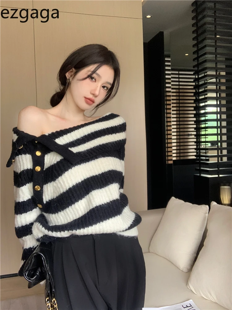 Ezgaga Striped Sweater Women Off Shoulder Striped Autumn Winter Button Slash Neck Pullover Vintage Knitted Tops Loose Jumper