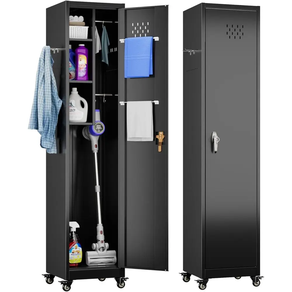 

72 Tall Lockable Garage Storage Cabinet with Wheels, Hooks for Mops and Brooms, Black, Assembly Needed