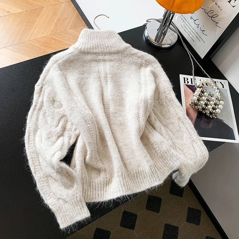 2025 가을/겨울 하이 칼라 지퍼 오픈 스커트 여성용 신상 루즈 소프트 글루티너스 트위스트 니트 코트