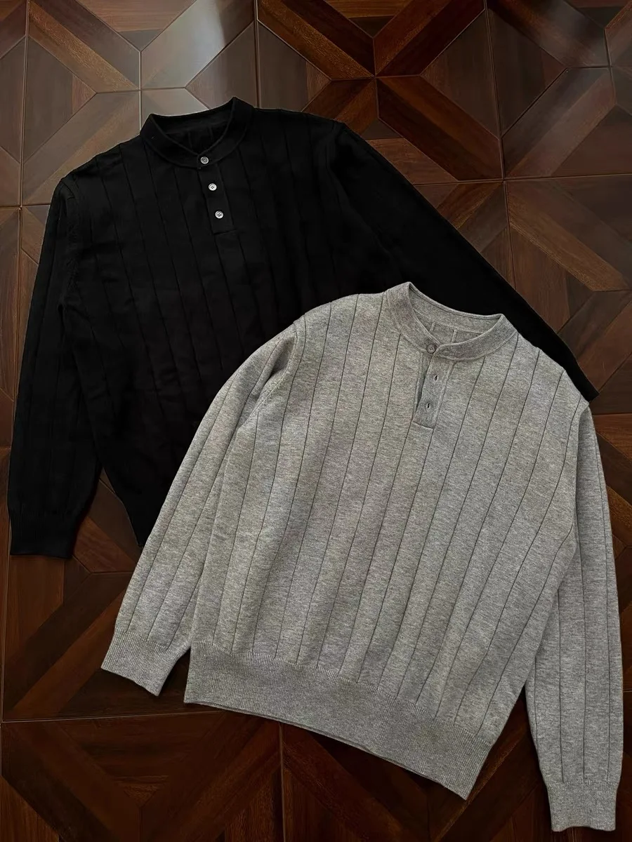 

American Retro Knitted Sweater Men's Casual Commute Henry Collar Texture Stripe Loose Fit Long Sve round Ne Breathable