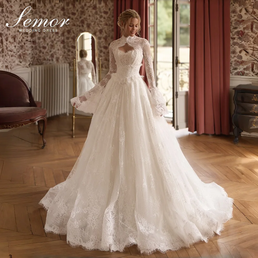 Semor Luxury A-line Wedding Dress Detachable Shawl Full Sleeve Customized Lace Bride Gown Sweep Train Vestido De Novia 2027
