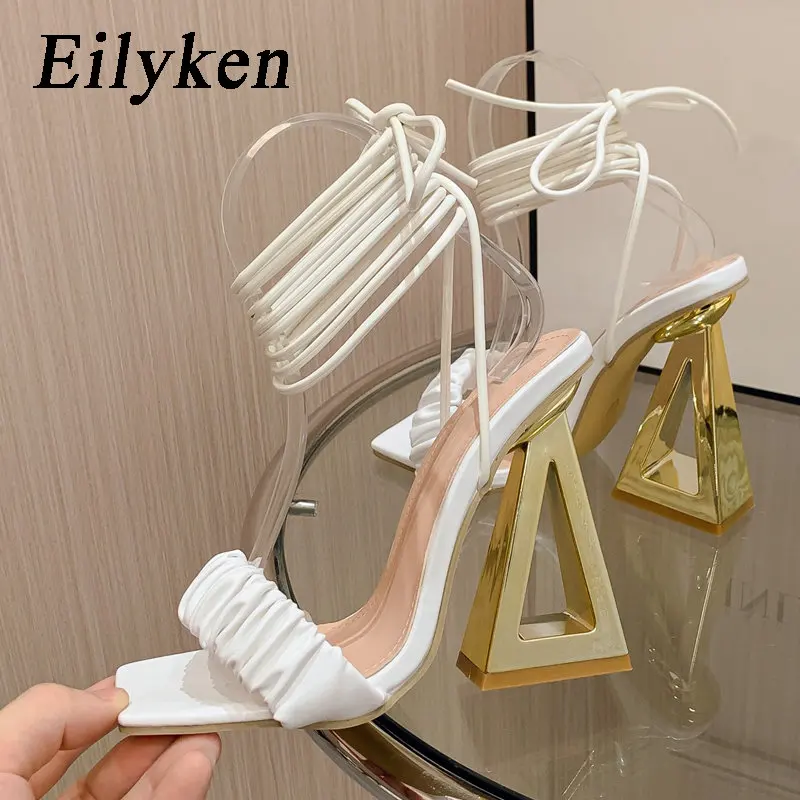 Eilyken Gladiator Peep Toe Sandals Women Fashion Pleated Lace-up Fretwork Heels Summer Party Shoes Zapatos De Mujer