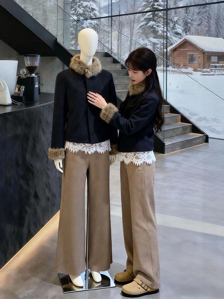 

Осенне-зимний модный комплект больших размеров: шерстяное пальто с меховым воротником и повседневные брюки с высокой талией в корейском стиле для женщин