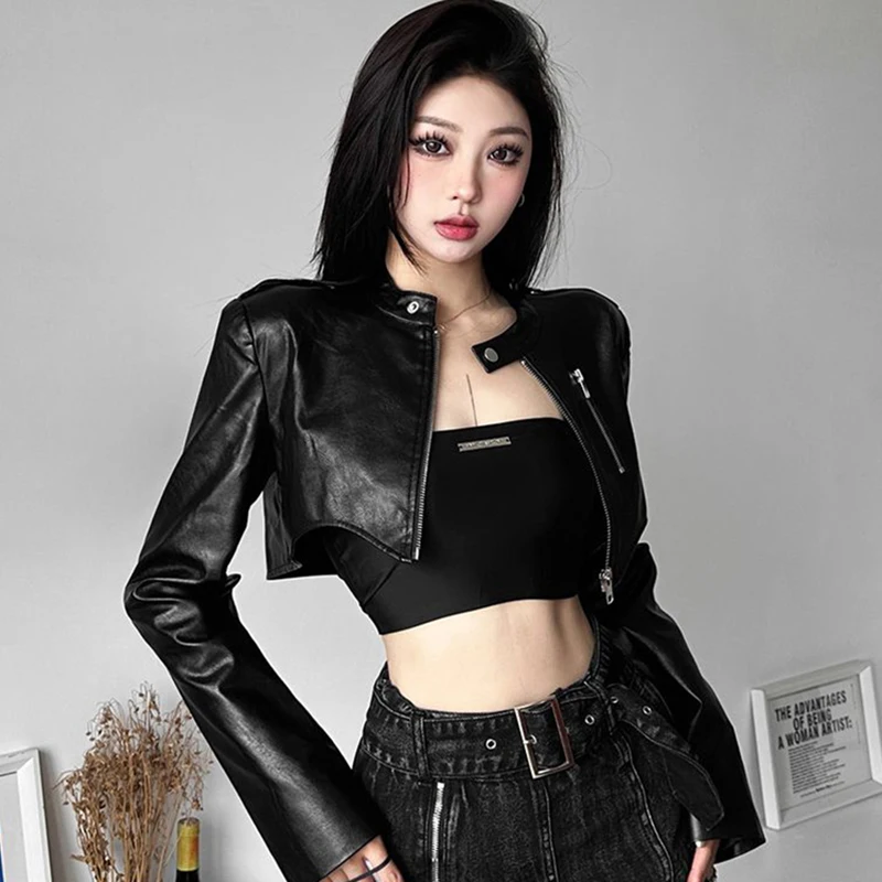 Black Pu Leather Jacket Women Sexy Cropped Harajuku Y2K Biker Riding Suit Tops Slim High Street Racing Zipper Chic Coat