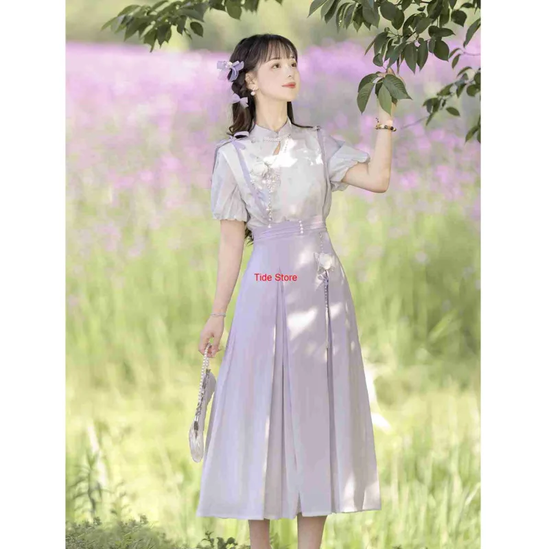 

Платье Iris Butterfly Hanfu для женщин: улучшенный дизайн в стиле ханьфу, новый китайский стиль, короткий рукав, повседневное.
