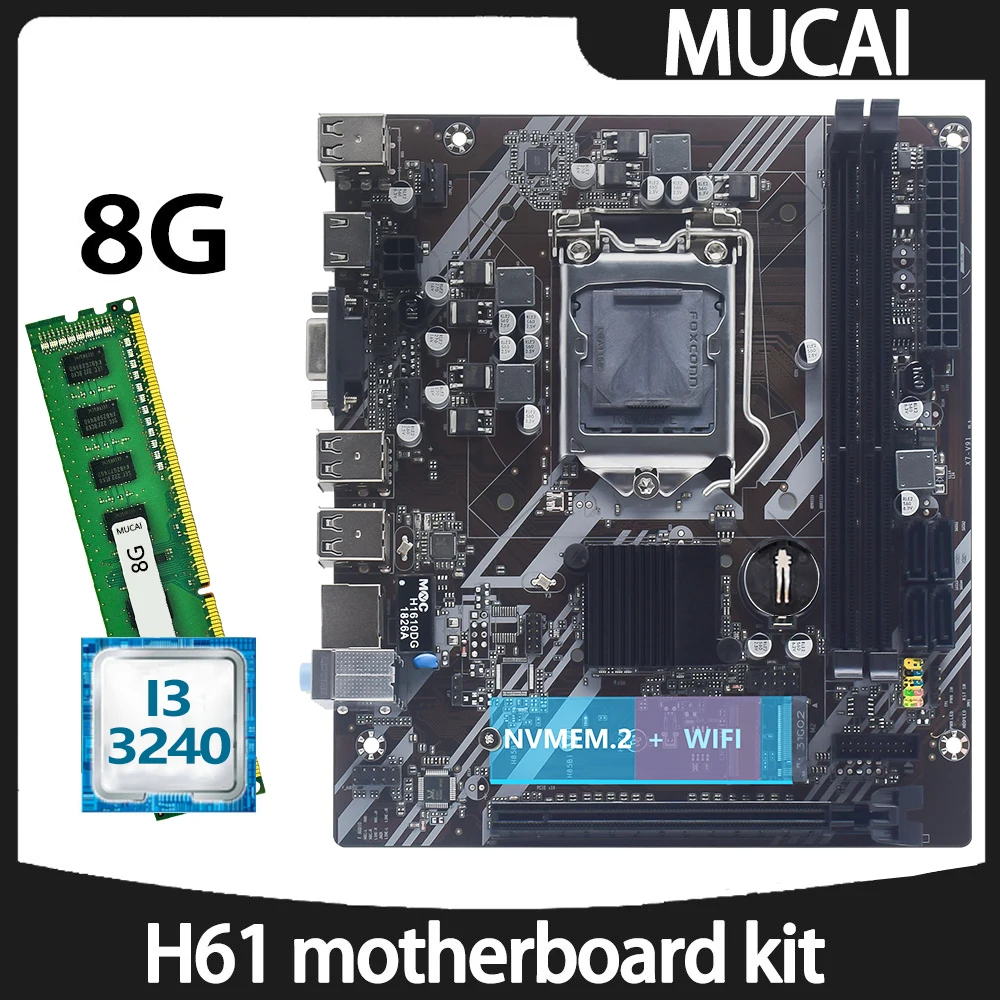 

MUCAI H61 Motherboard DDR3 8GB 1600MHZ RAM Memory With Intel Core i3 3240 CPU Processor And LGA 1155 Kit Set PC Computer