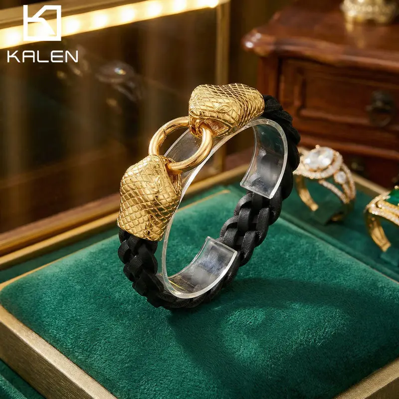 

KALEN Black Genuine Leather Cowhide Snake Bracelet For Men Stainless Steel 316L Punk Jewelry - KB55204-D