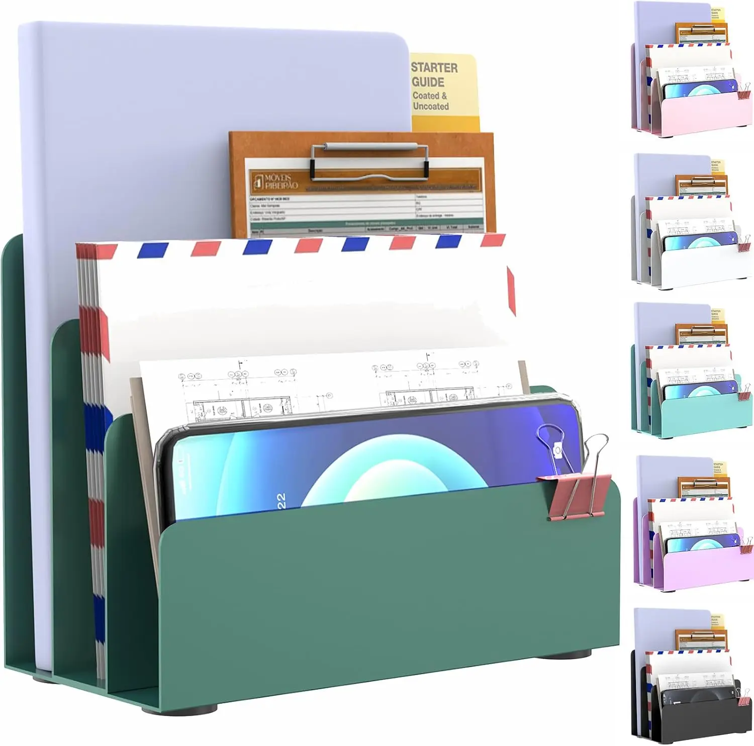 3-Tier Metal Desk File Organizer for Mail, Documents, and Office Supplies - Space-Saving Countertop Storage, Green