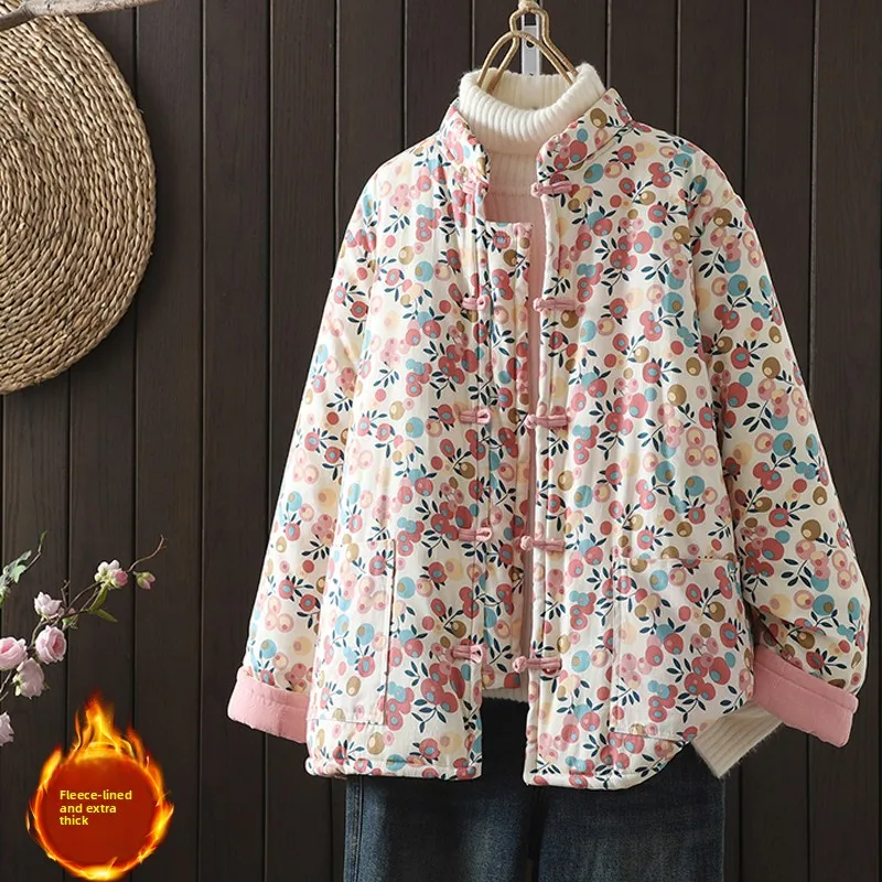 

New Floral Cotton Jaet Women's Retro Handmade Button Loose Print Lightweight Cotton Clothes ort Chinese Sle Coat