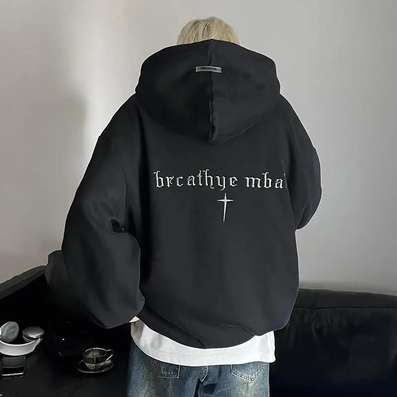 Embroidered Letter Hoodie Sweatirt Men's Spring Autumn Casual Sports Jaet American Retro Oversize Top for Teenagers