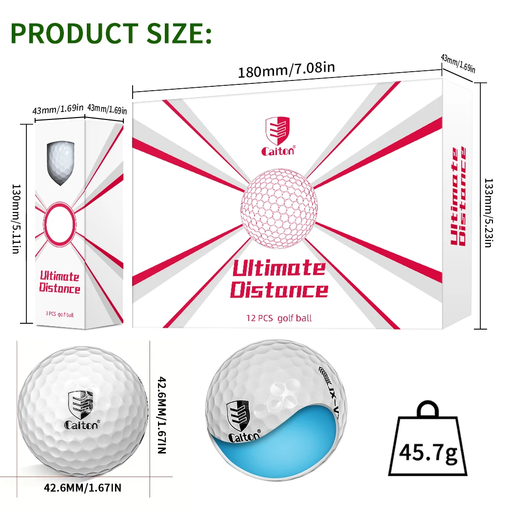 Caiton - Ultra-long distance golf ball, double core, aerodynamic design, flight increased by 40 yards +, 12/6/3pcs（opt）