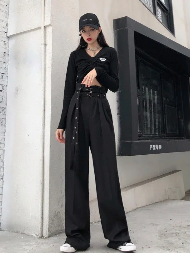 

2024 New Women Black Pants Fashion Streetwear Loose Wide Leg Pants High Waist Straight Trousers Female Summer