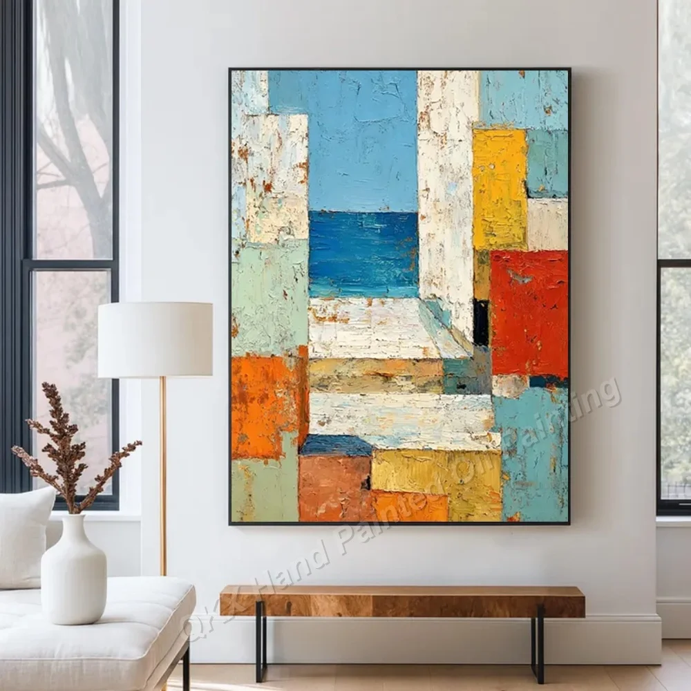 Hand-Painted Oil Painting on Canvas Geometric Color Block Sea View Thick Impasto Knife Art Wall Decor for Living Room