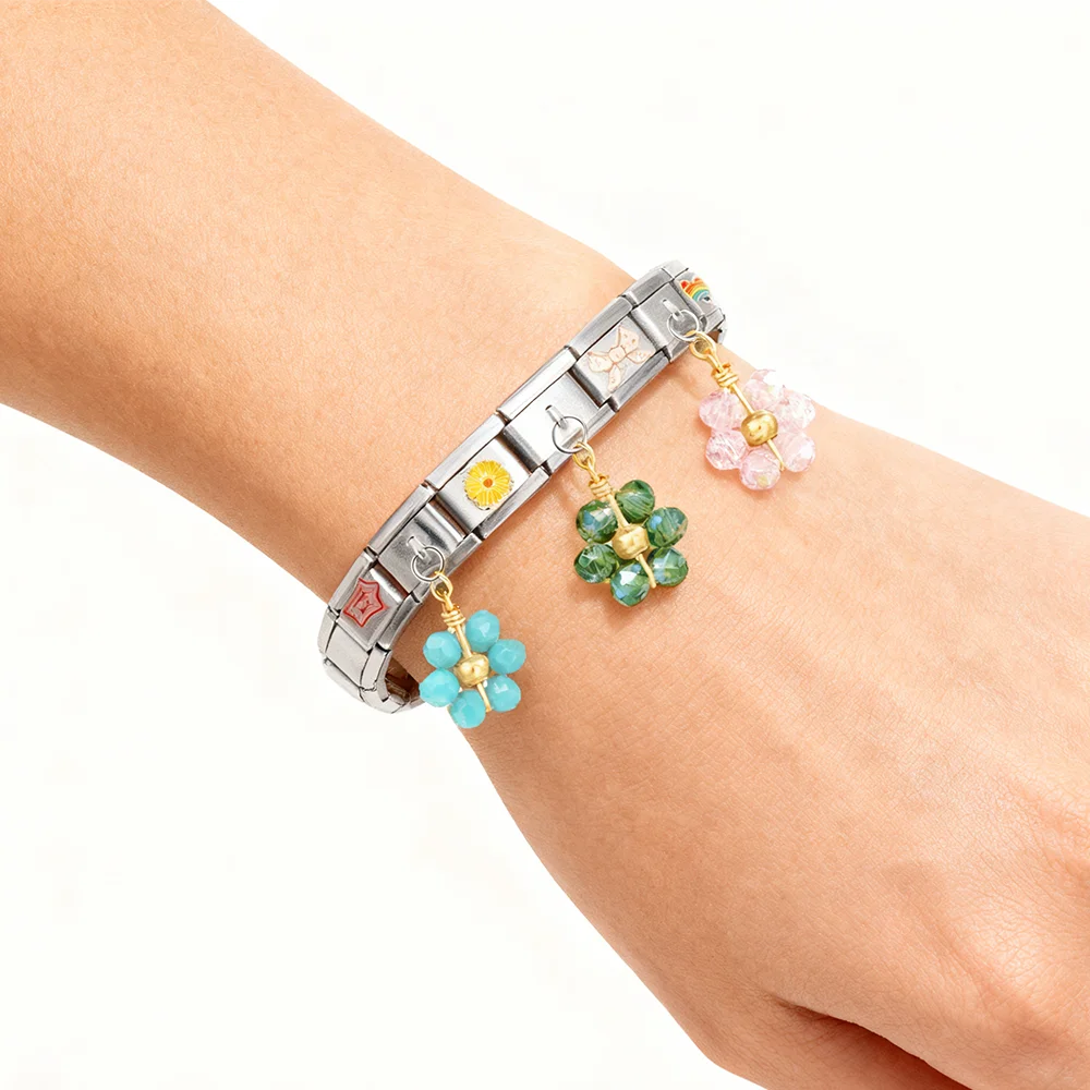 Farben Grün Rot Blau Rosa Gelb Blumenanhänger Italienischer Charm Passend für 9mm Edelstahlarmband DIY Schmuck für Frauen – Detail 4