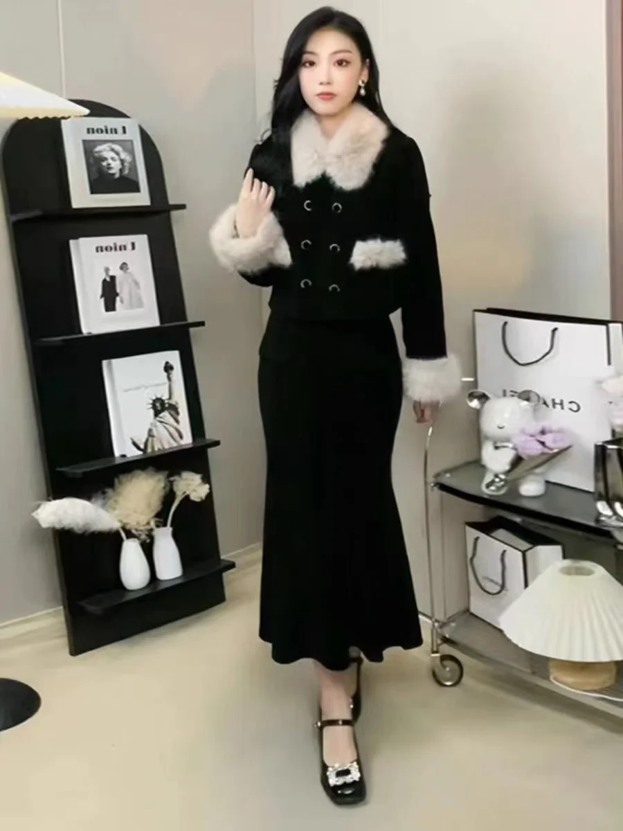 French Hepburn Style Suit for Women Autumn/Winter New High-End Elegant Fur-Collar Classic Jacket with High-Waisted Mermaid Skirt