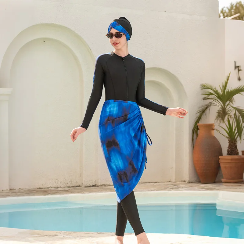 2026 3‑Piece Modest Muslim Swimsuit Burkini Long‑Sleeve Front Zip Tie‑Dye Skirt Conservative Bathing Suit Beach Pool Swimwear