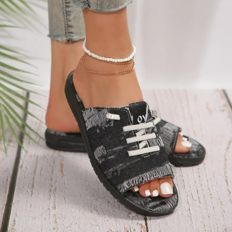 New Ladies Slippers Canvas  Lace-up  Open-toed New Flat-Bottom  Casual Women Fashion Denim Beach Shoes Sandalias Mujer