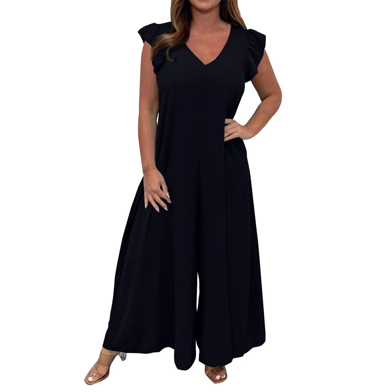 Women Solid Wide Leg Jumpsuit Summer Casual Female V-neck Short Ruffled Sleeve High Waist Draped Loose Romper New Fashion