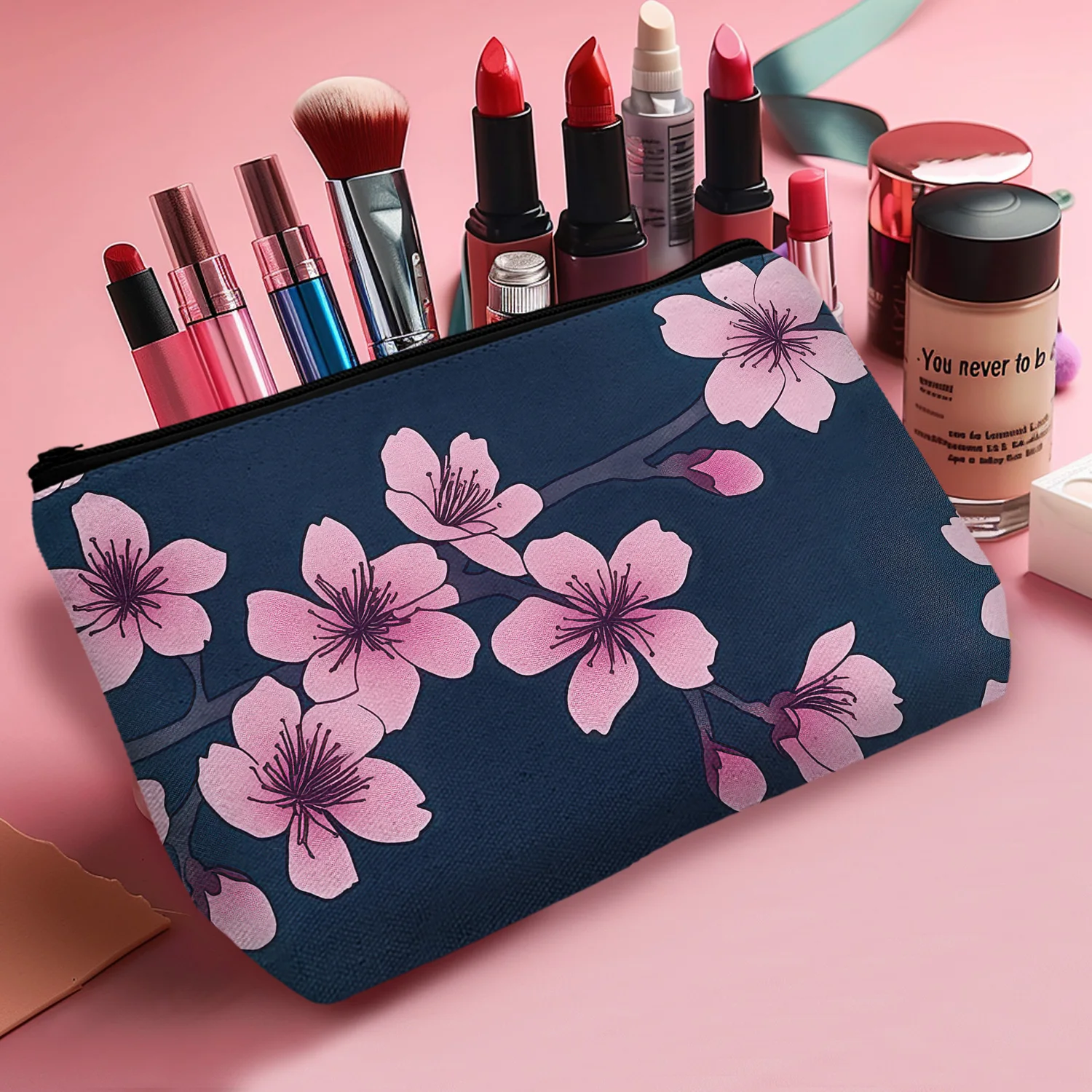 1Pc Cherry Blossom Women Makeup Bag Portable Multifunction Cosmetic Bag With Zipper For Women Travel Storage A 8.66X5.51Inch