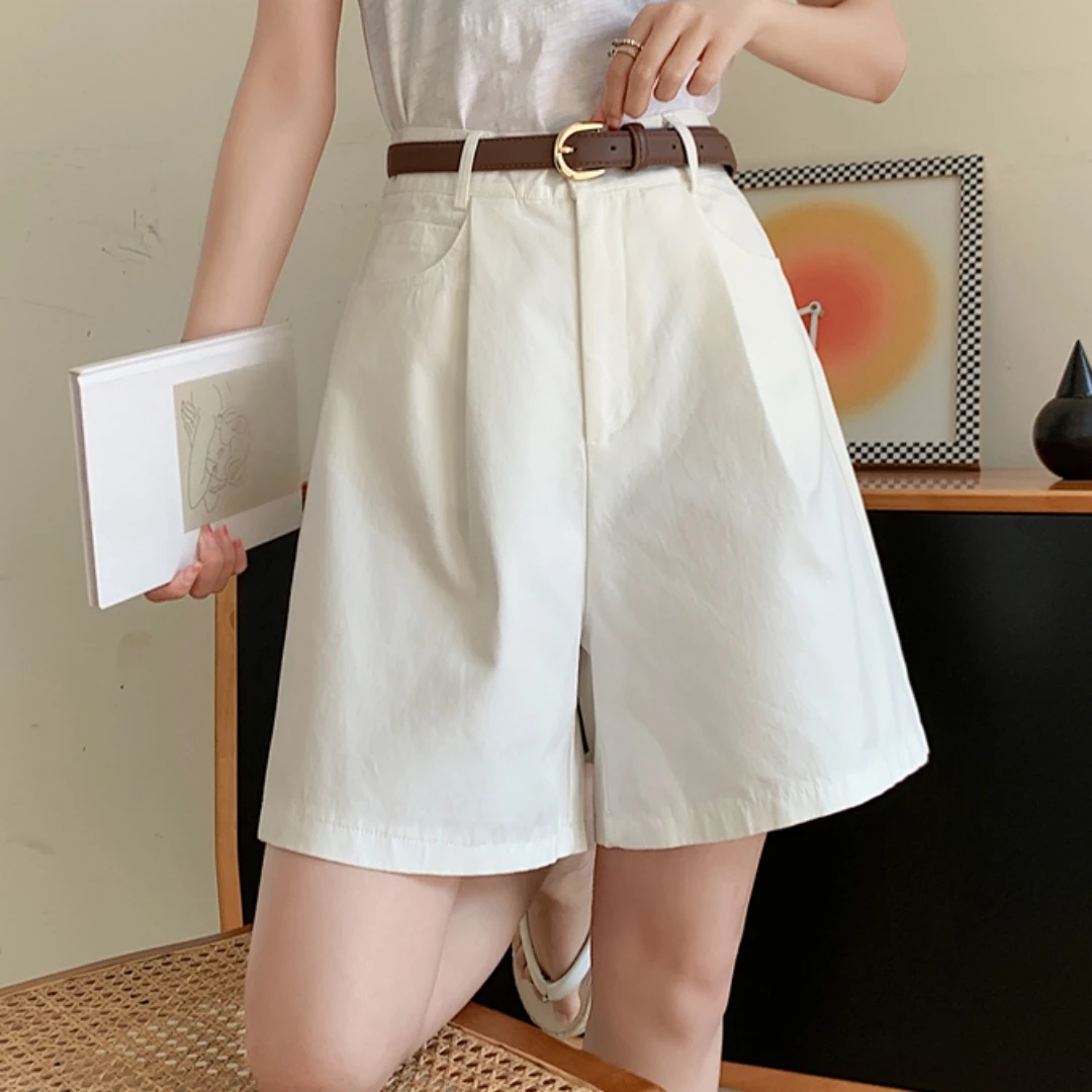 High Waist Vintage Cotton Linen Women's Cargo Shorts with Belted 2026 New Solid Korean Casual Loose Wide Leg Short Pants