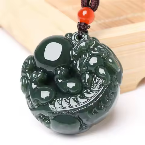 Retro Natural Dark Green HeTian Jade Carved Chinese PiXiu Ball Lucky Pendant Necklace for Man Amulet Trendy Fine Jewelry Gift