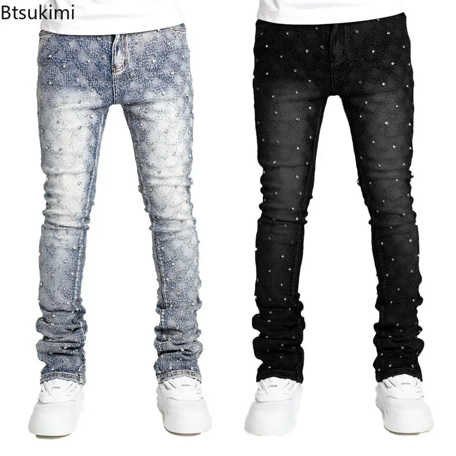 New 2025 Blue Stretchy Pearls Skinny Jeans for Men Fashion Rhinestone Streetwear Personality Stacked Denim Pants Trousers Male