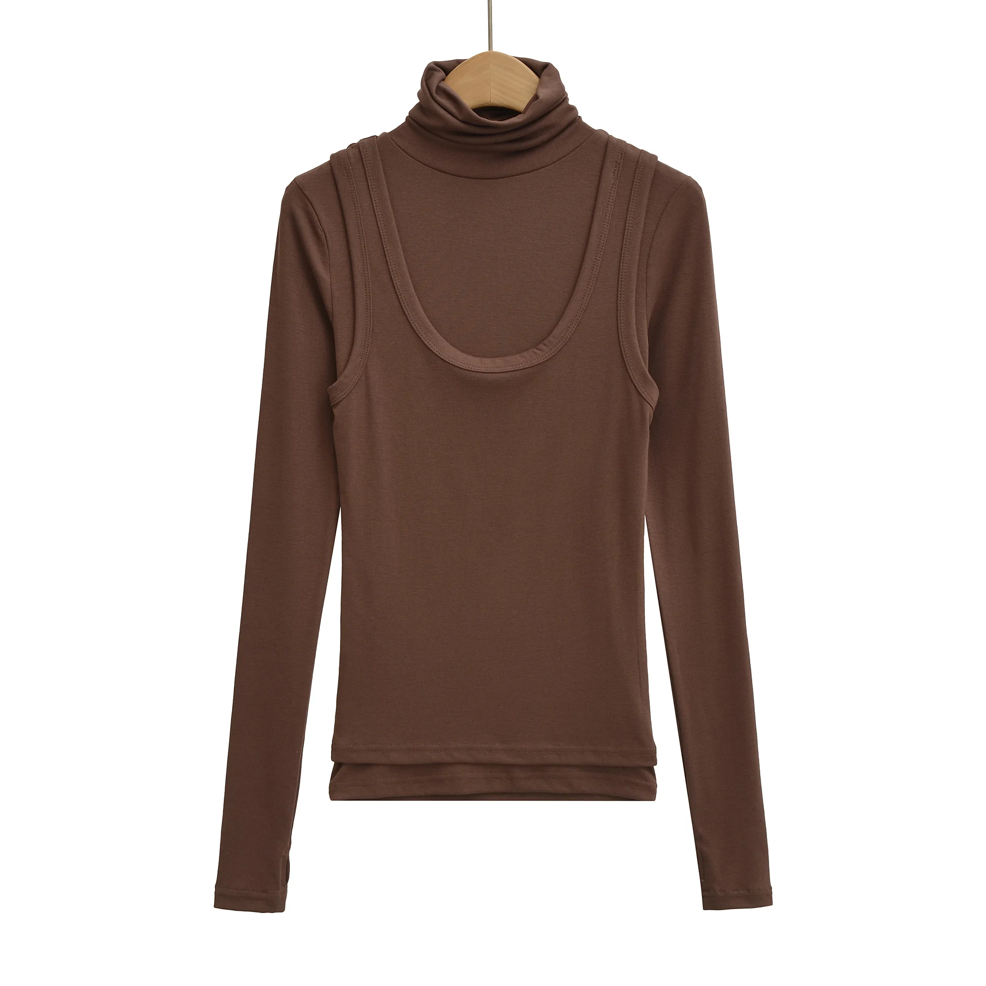 Sexy Women Ruched High Collar Knitted Viscose Cotton Full Sleeve T Shirt Slim Tees + U Collar Tank Top Tee Sets White Coffe