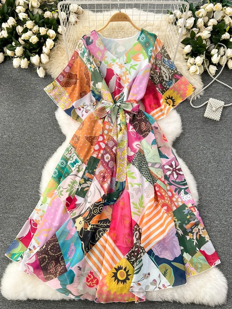 Robe longue en mousseline de soie pour femmes, robes à fleurs imprimées, robe de plage maxi, robe d'été de vacances pour femmes, nouvelle mode, été