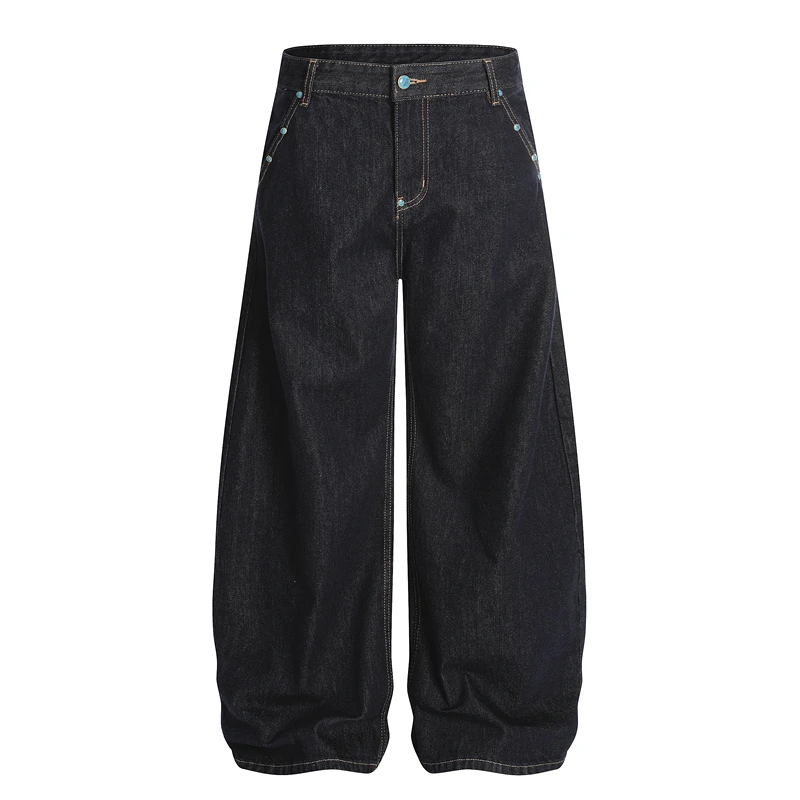 

Deep Blue A-Line Wide Leg Jeans GXFortune Color Stone Colion Original Cowhide Denim Pants High Waist Long Trousers