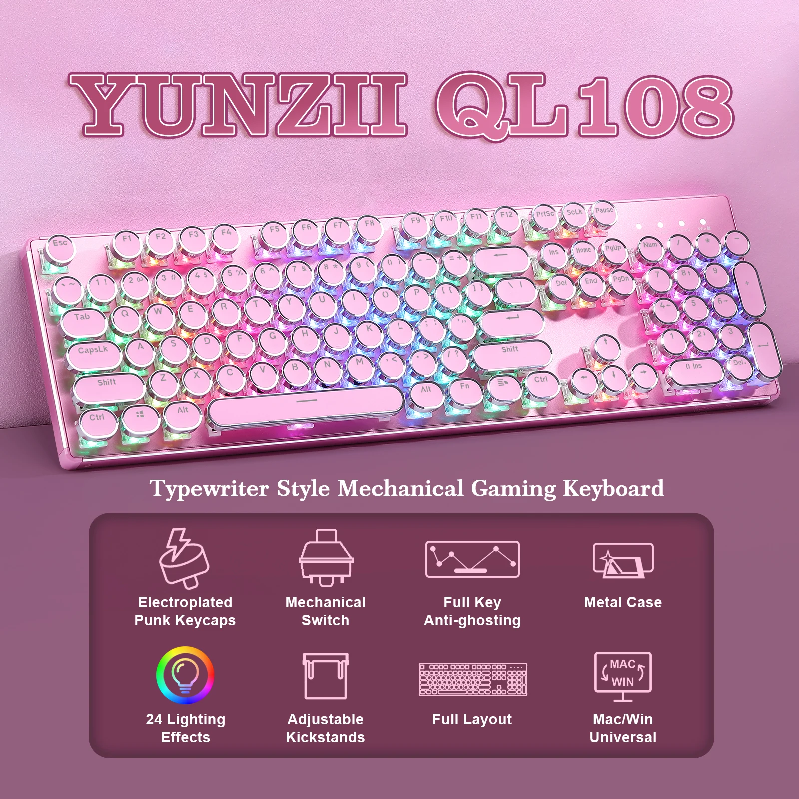 YUNZII QL108 Pink Wired Mechanical Gaming Keyboard, Typewriter Style Full Size Hot-Swap RGB Metal Keyboards, Retro Punk Stylish