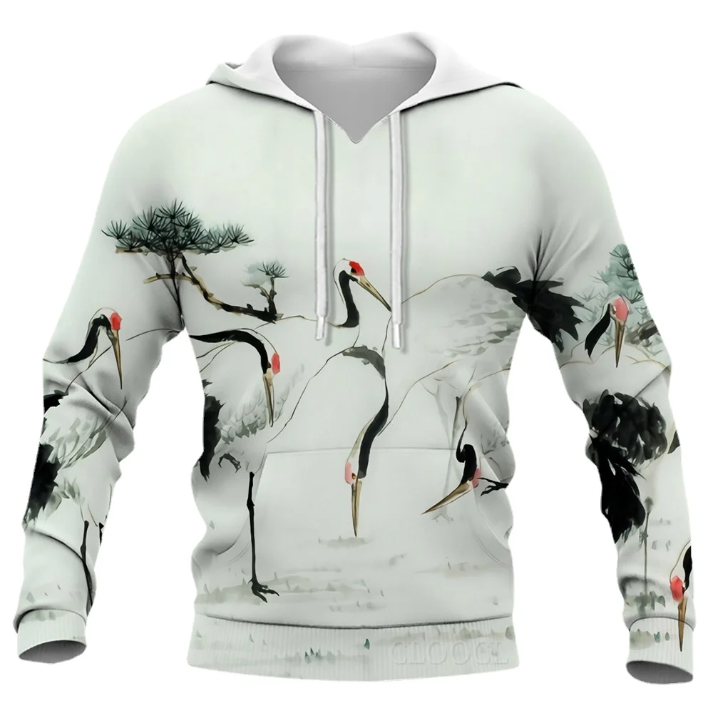 HX Fashion Animals Hoodies Ink Painting White Crane Art 3D Printed Sweatshirts Men Women Casual Streetwear Harajuku Hoodie