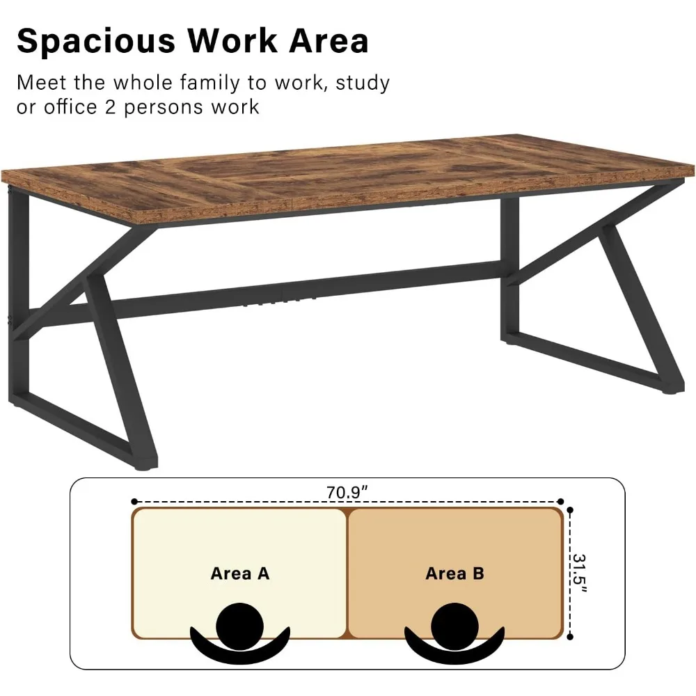 مكتب كمبيوتر بني ريفي كبير، مكتب منزلي من الخشب المعدني مقاس 70 بوصة لشخصين، ألعاب دراسة كتابة طويلة جدًا في المزرعة #6