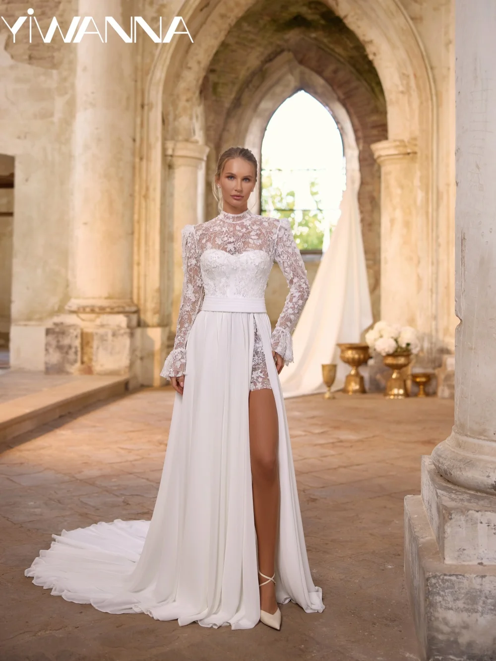 

White Shinny Beaded Appliques Wedding Dress A-line Dreamy Chiffon Long Bridal Gown Customized High Slit Dresses For Bride