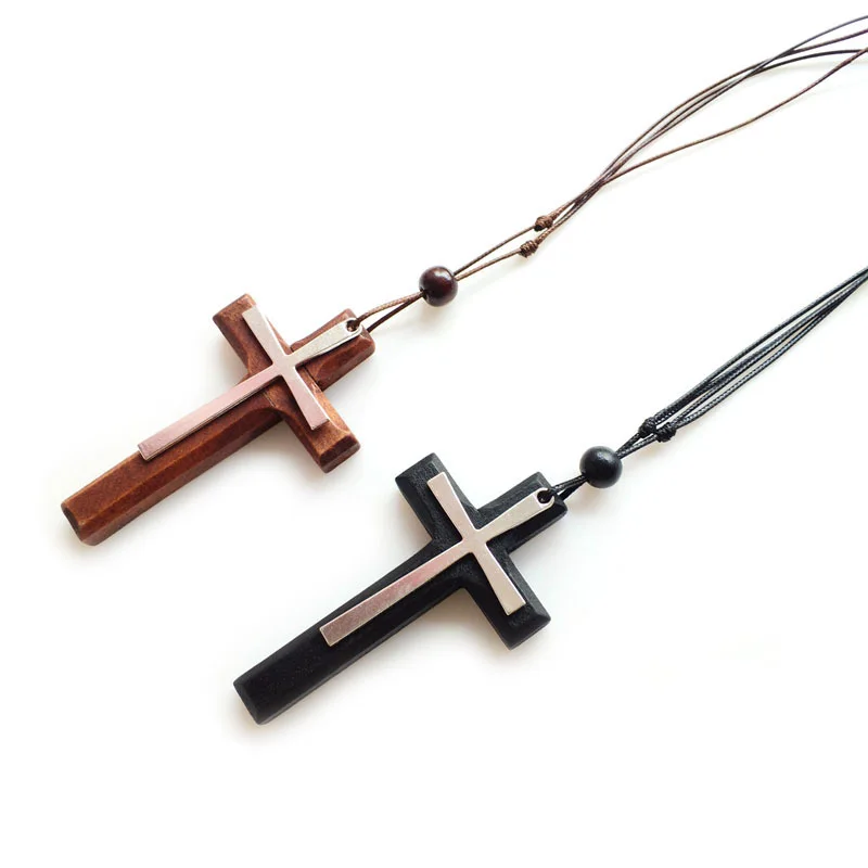 Big Wooden Cross Pendant Rope Choker Chain Necklace For Men Women Black Brown