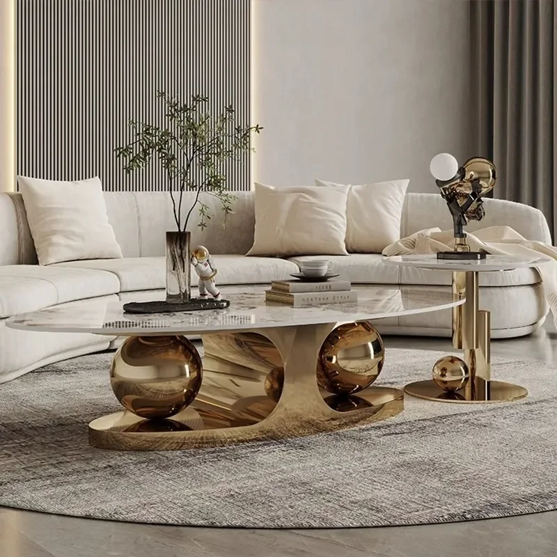 Modern Italian Style Rock Slab Coffee Table Stainless Steel Oval Living Room Home Simple Creative Tea Table