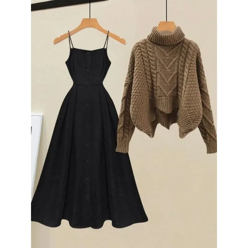 

Autumn Winter Dress Sets Women Outfits Ladies Warm Turtleneck Twist Knitted Sweater and Straped Dresses Two Piece Sets 2024 N466