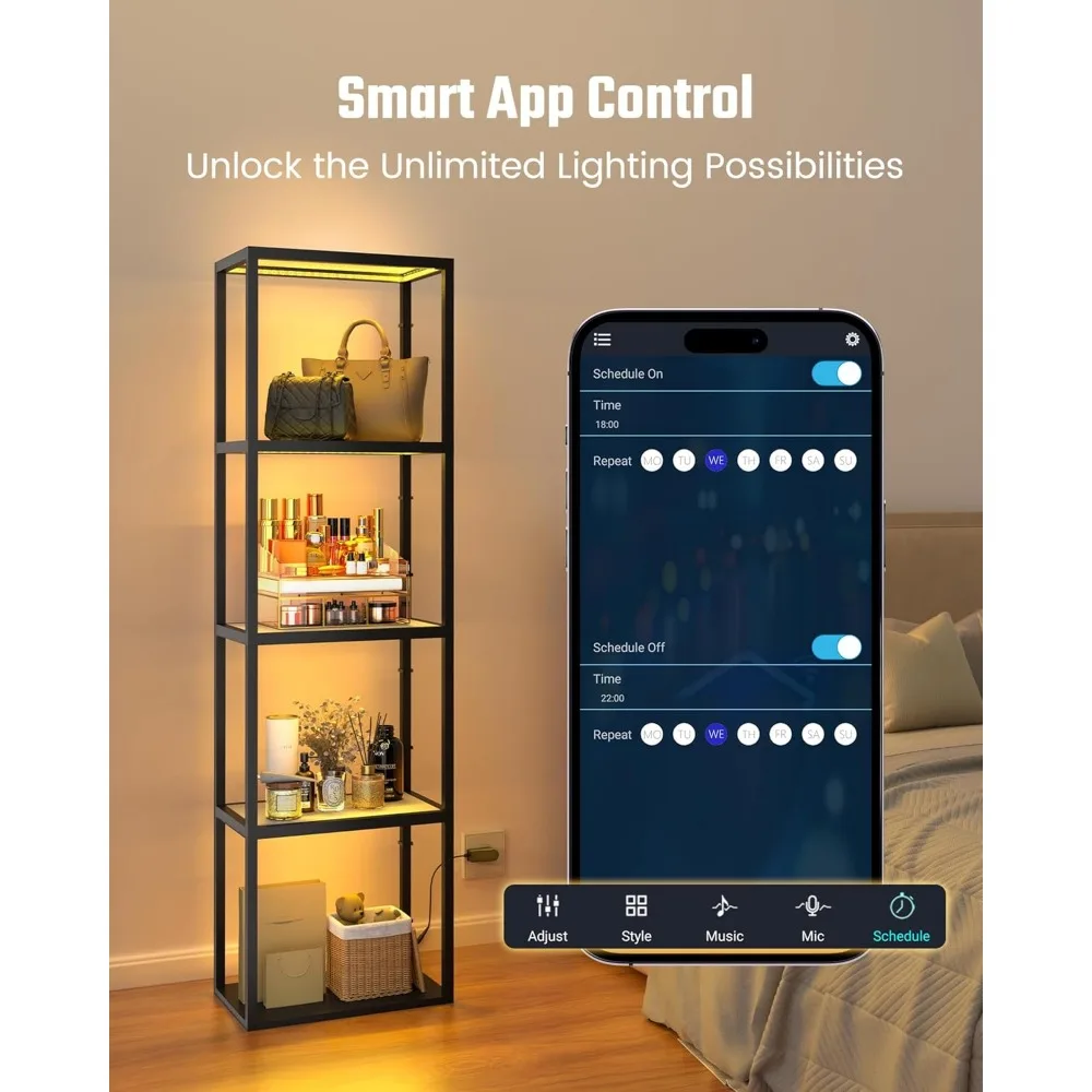 خزانة عرض SUPERDANNY مع ضوء RGB، خزانة كوريو مع جهاز تحكم عن بعد/تطبيق، مصباح أرضي LED قابل للتعتيم مع أرفف، شاشة زجاجية