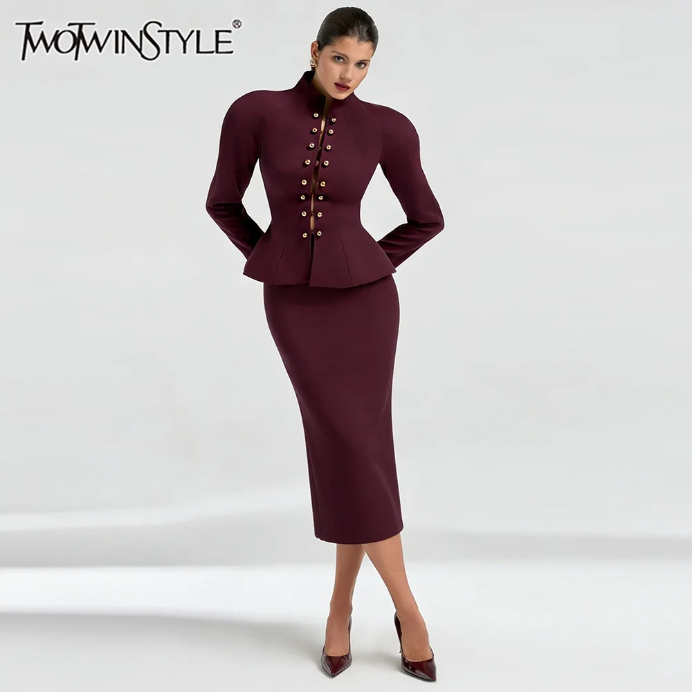 

TWOTWINSTYLE Solid Elegant Two Piece Sets for Women Stand Neck Long Sleeves Tunic Spliced Bead Coat High Waist Skirt Set Female