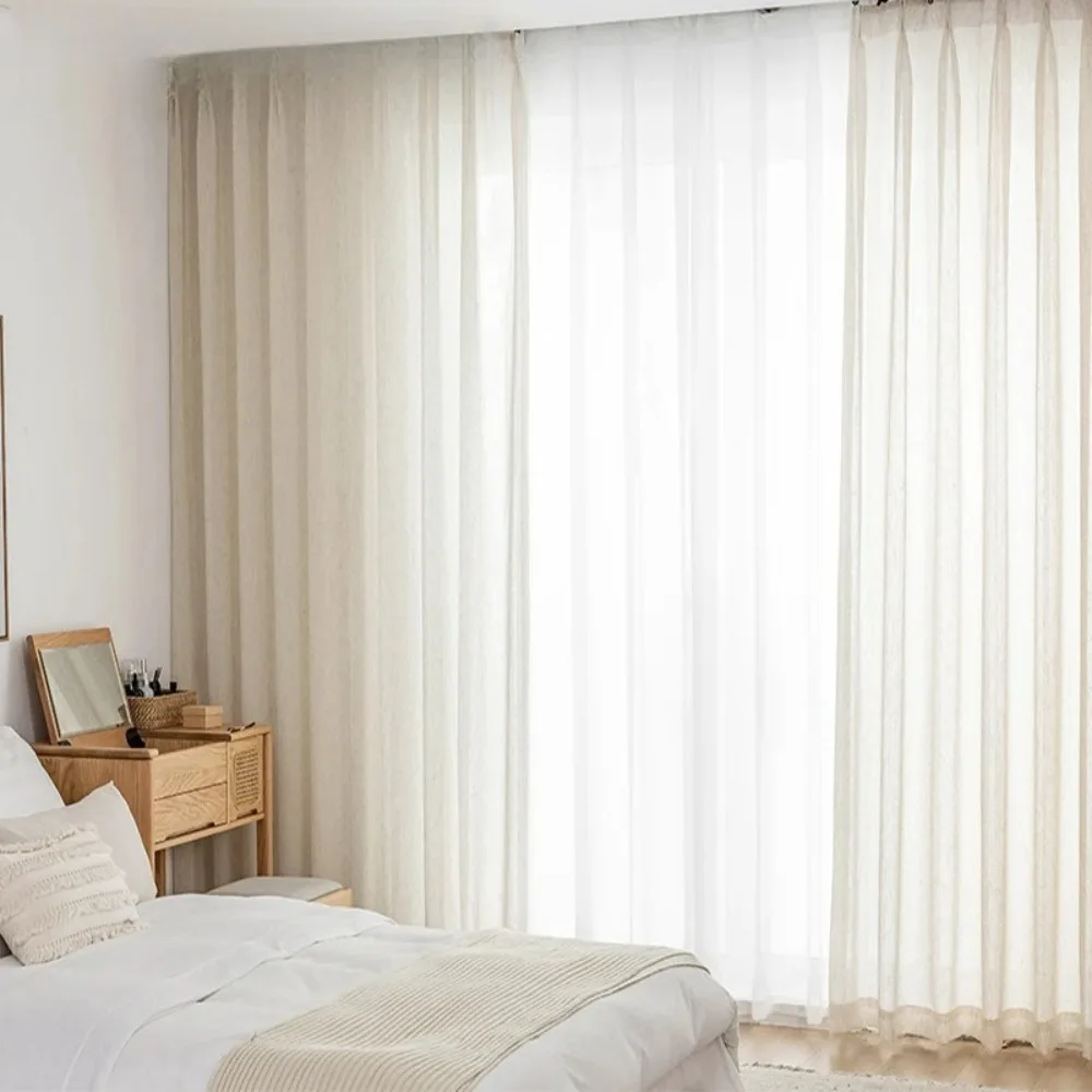 Linen Look Beige Sheer Curtains for Living Room Tulle Luxury Curtain In The Bedroom Window Japanese Short Kitchen Door Drapes