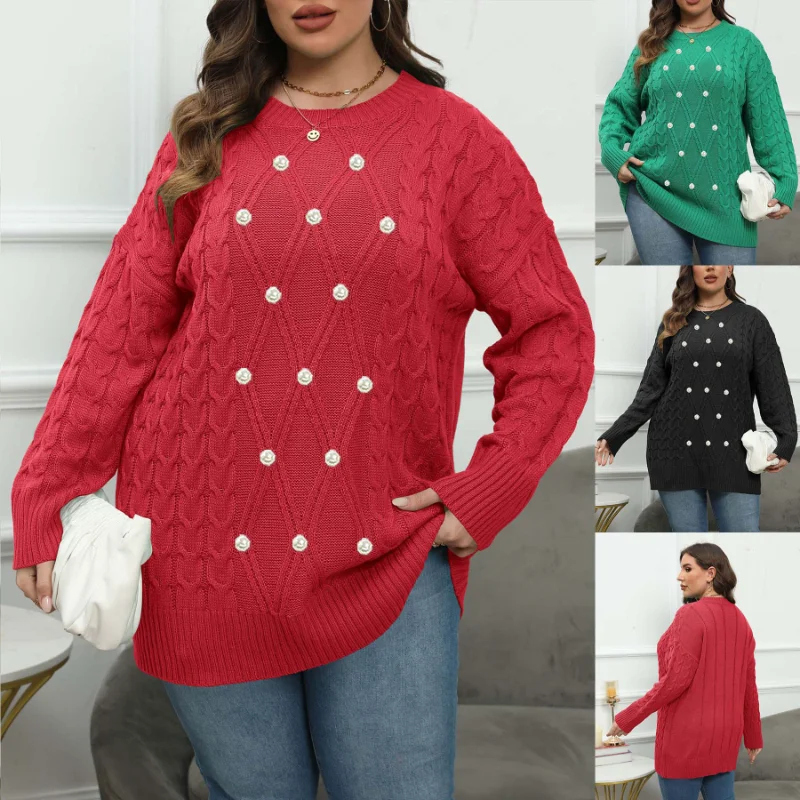 

Women's Pullover Top Round Neck Woven Beaded Sweater New Fall Winter Bottoming Shirt