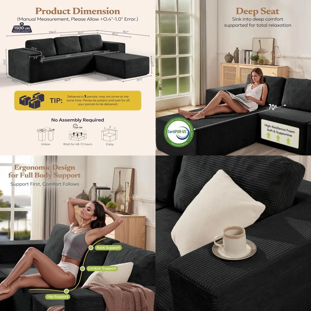 

106 Sectional Couch, L-Shape, Deep Seat, Convertible Sofa, Corduroy, Black for Living Room or Bedroom, No Assembly Needed