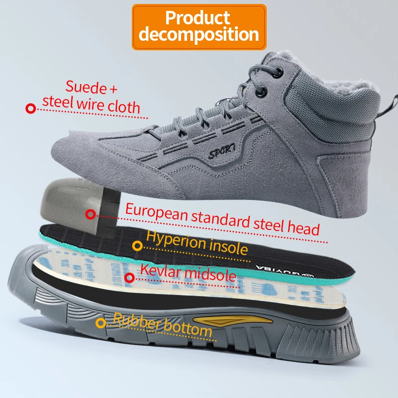 GUYISA Stivali Invernali Scarpe Antinfortunistiche da Uomo Puntale in Acciaio da Lavoro Grigio Taglia 37-47 Anti Smashing - Anti Piercing