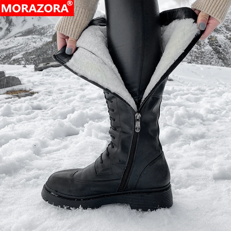 MORAZORA Plus Size 35-43 New Genuine Leather Boots Nature Wool Knee High Boots Women Fashion Platform Warm Winter Snow Boots