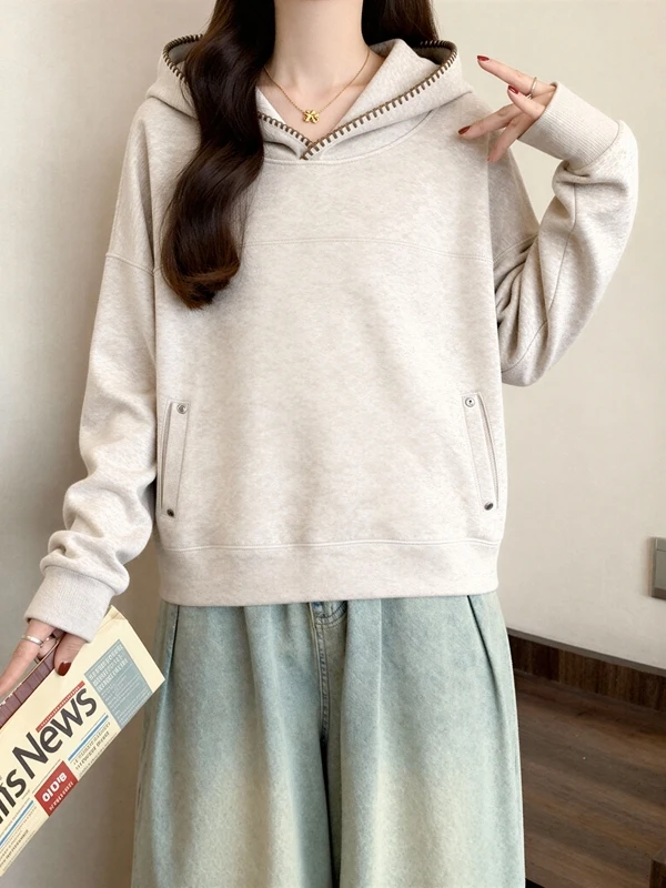

Loose Long Sve Hoodie Women's plus Size Spring 2026 Casual Versatile Comfortable Fitted Hooded Top plus Size Faion