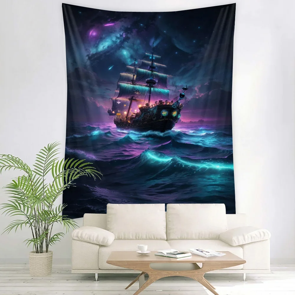 Pirate Ship Starry Sky Tapestry Aesthetic Art Space Wall Hanging Home Dormitory Wall Decoration Outdoor Picnic Bedsheets